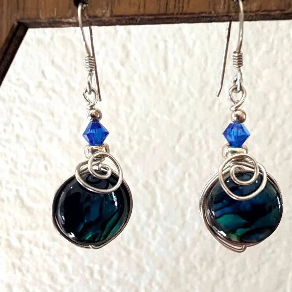 Sterling Silver Abalone & Sapphire Blue Crystal Artisan Earrings